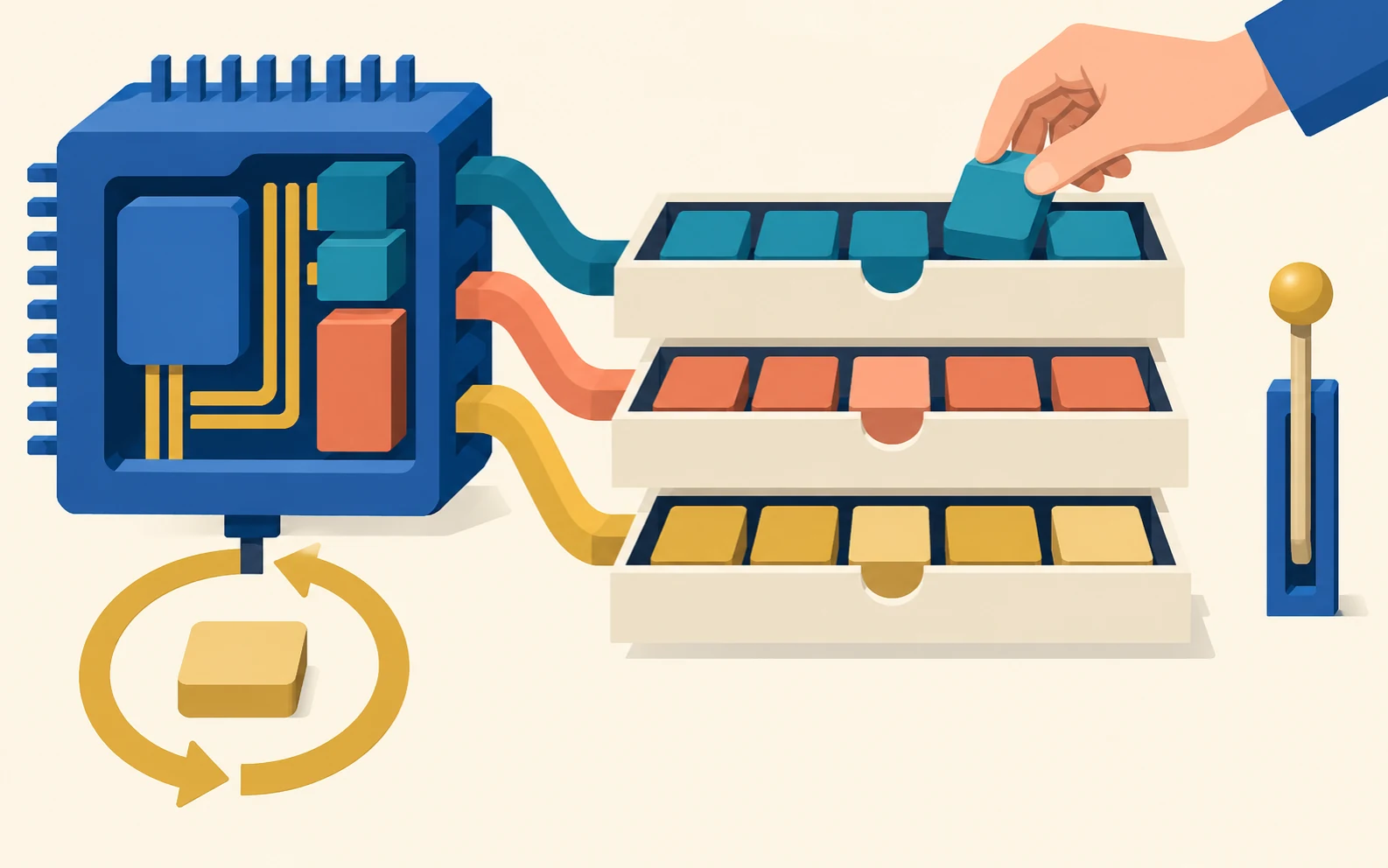 Illustrazione concettuale di un processore collegato a tre vassoi di tessere colorate, una mano che solleva una tessera, una freccia circolare e un controllo.
