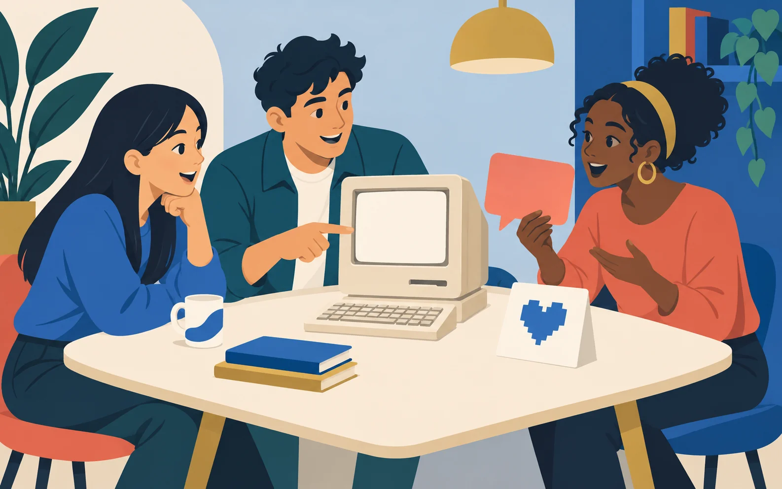 Scena illustrativa di tre giovani adulti che conversano attorno a un computer rétro, con un fumetto vuoto e un cuore a pixel.