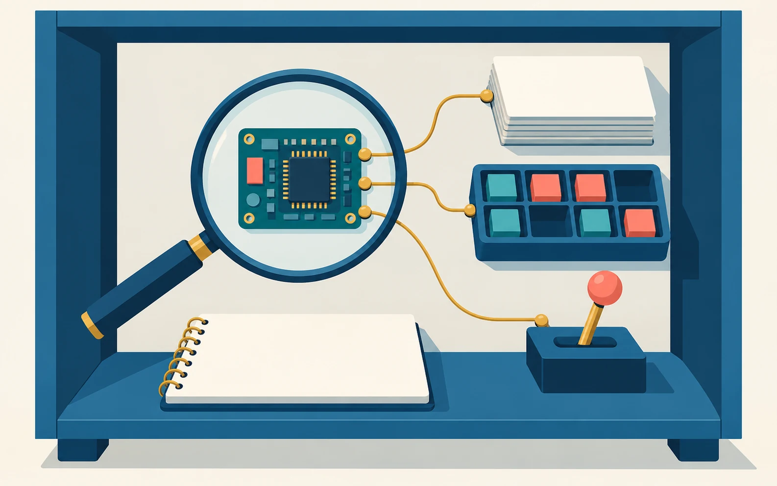 Illustrazione concettuale di una lente su un circuito, collegata a schede, caselle di stato e un controllo, con un quaderno per le osservazioni.