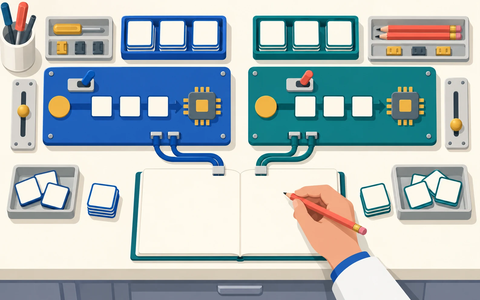 Illustrazione concettuale di due allestimenti su un banco tecnico, con processori, tessere e controlli, collegati alle pagine vuote di un quaderno per le osservazioni.