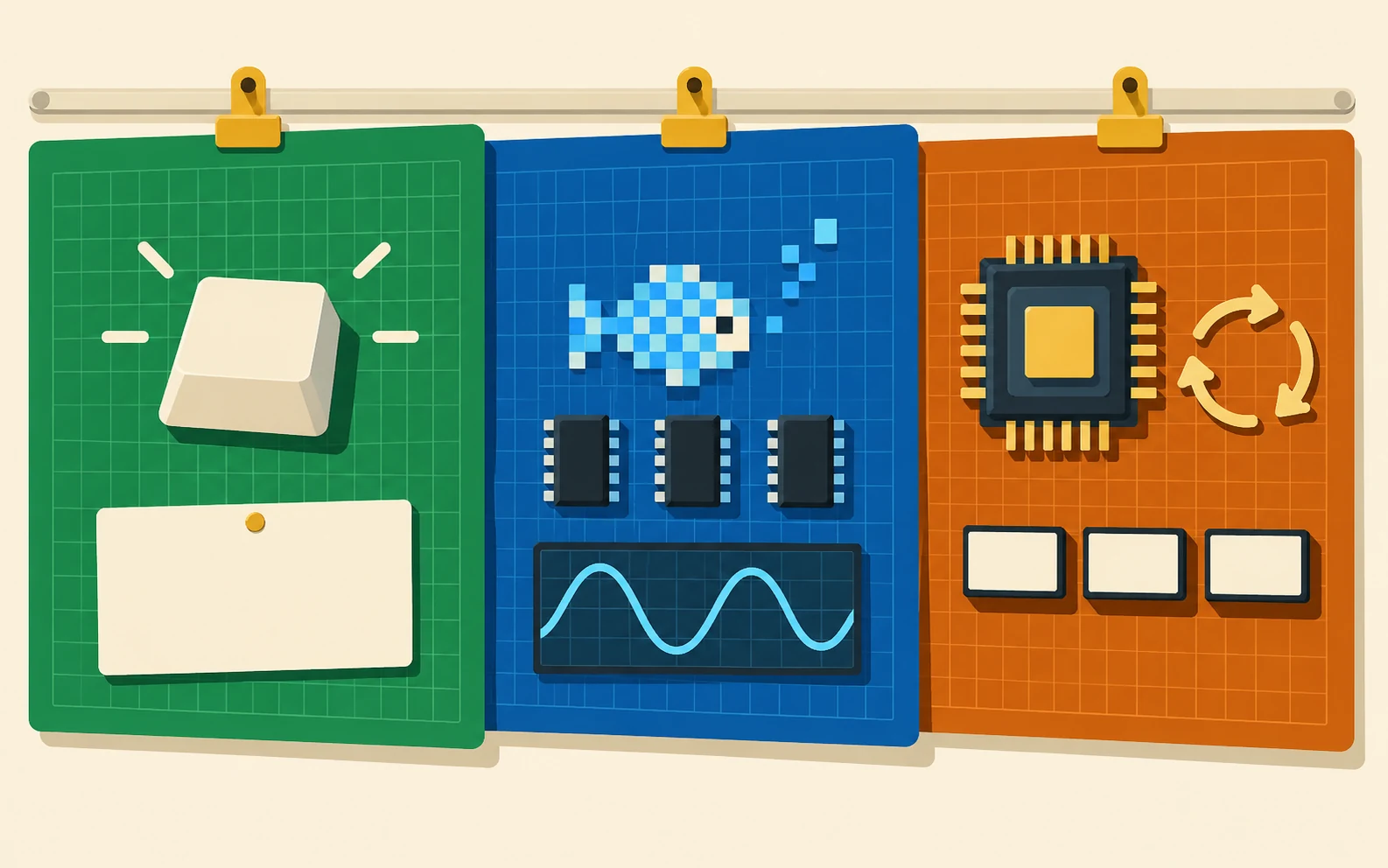 Illustrazione di tre pannelli verde, blu e arancione scuro: un tasto e una scheda; un pesce a pixel, memoria e una curva sonora; un processore, frecce circolari e tessere.