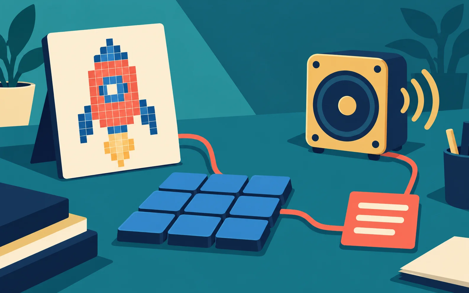 Illustrazione di un razzo a pixel collegato a tessere di memoria, un altoparlante e una scheda di programmazione con segni astratti.