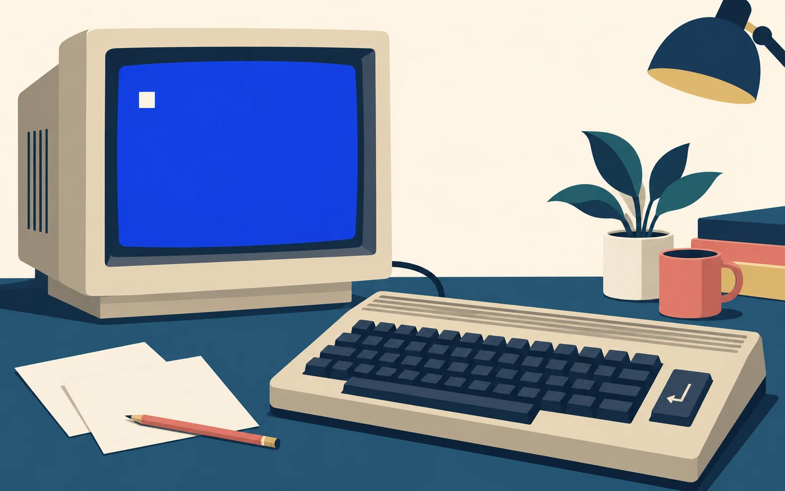 Illustrazione di un computer rétro con monitor CRT separato, cursore chiaro su schermo blu e tastiera con il simbolo del tasto di invio.