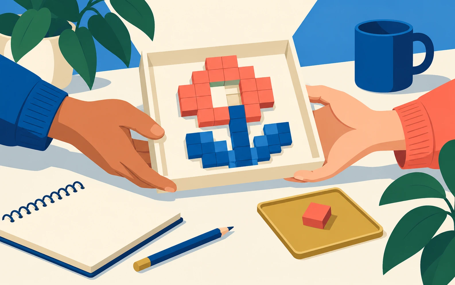 Illustrazione di due mani che sostengono un vassoio con un fiore a pixel in costruzione, accanto a un quaderno e a una tessera separata.