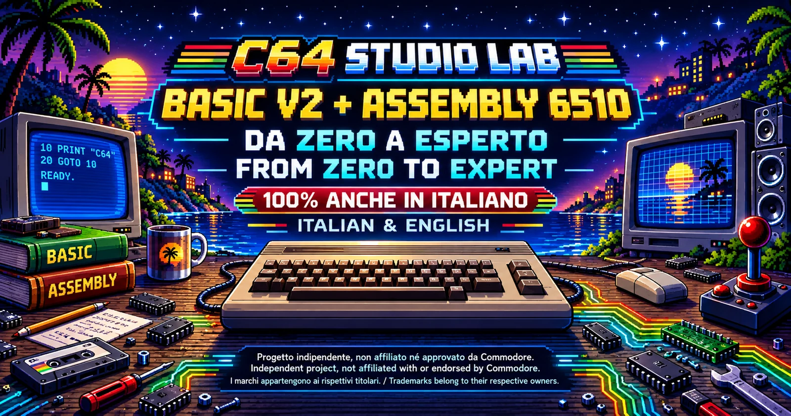 Copertina illustrata C64 Studio Lab: BASIC V2 e assembly 6510, da zero a esperto, italiano e inglese