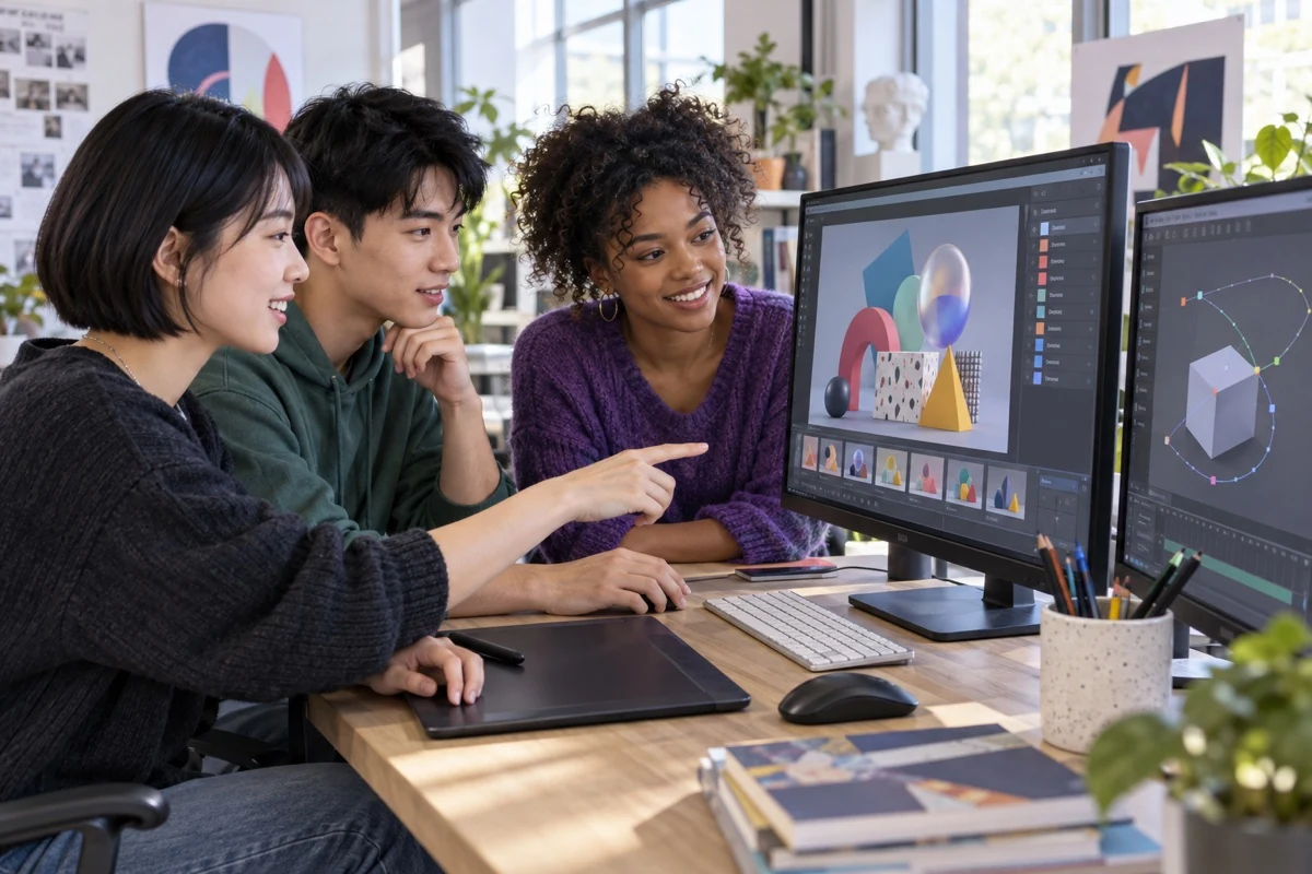 Scena illustrativa con studenti adulti che lavorano a una composizione digitale.