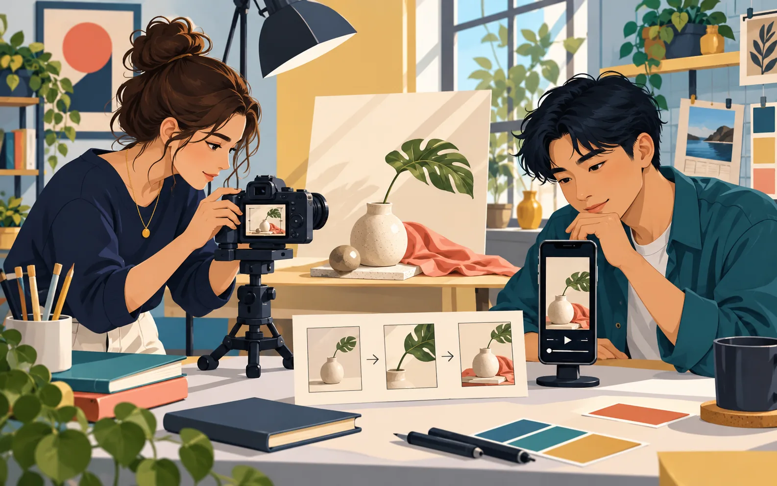 Illustrative scene of two young adults filming a vase with leaves and viewing the video on a smartphone beside a storyboard.