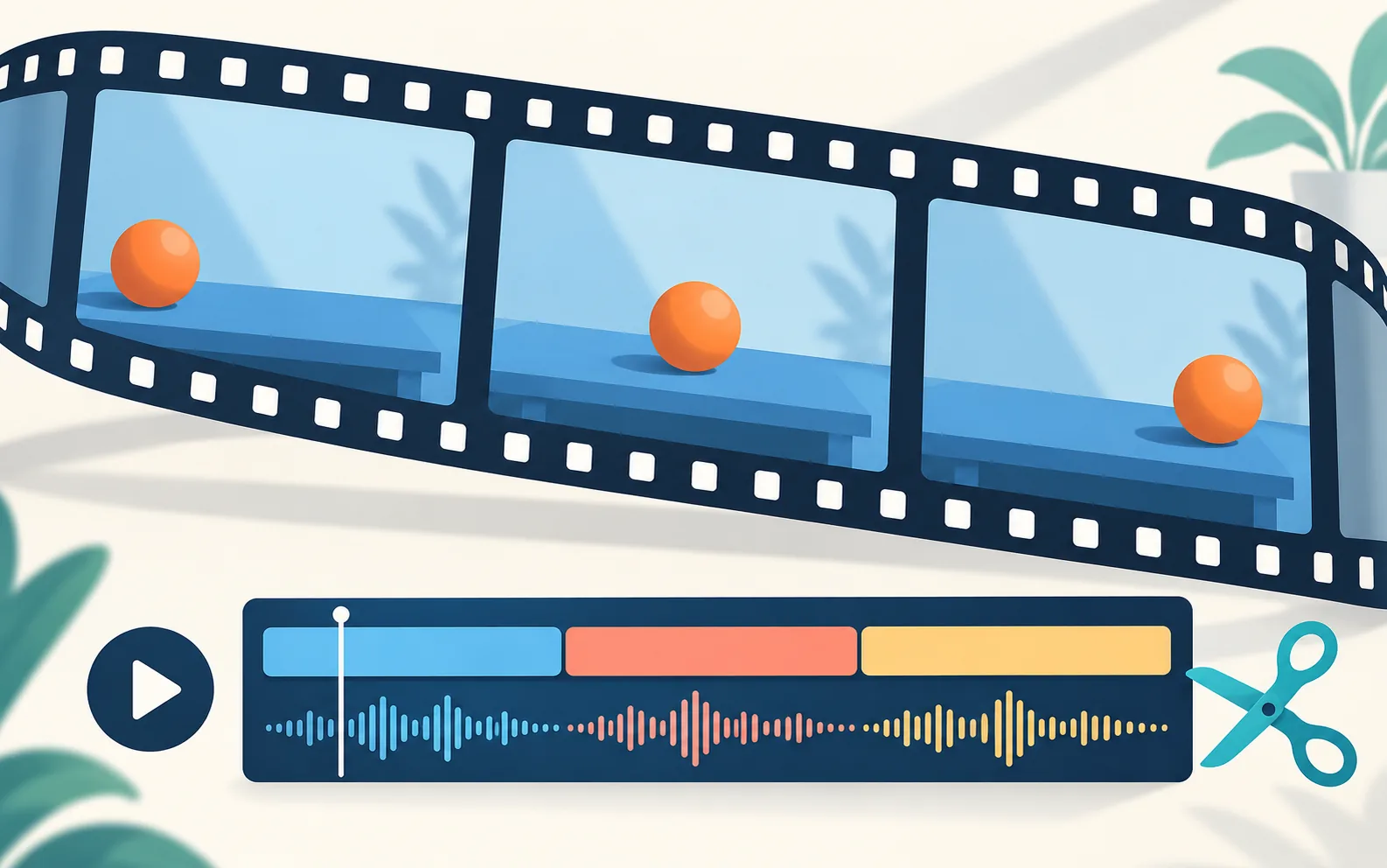 Illustrazione di una striscia di fotogrammi con una palla arancione in posizioni diverse, una sequenza di clip e forbici per il montaggio.