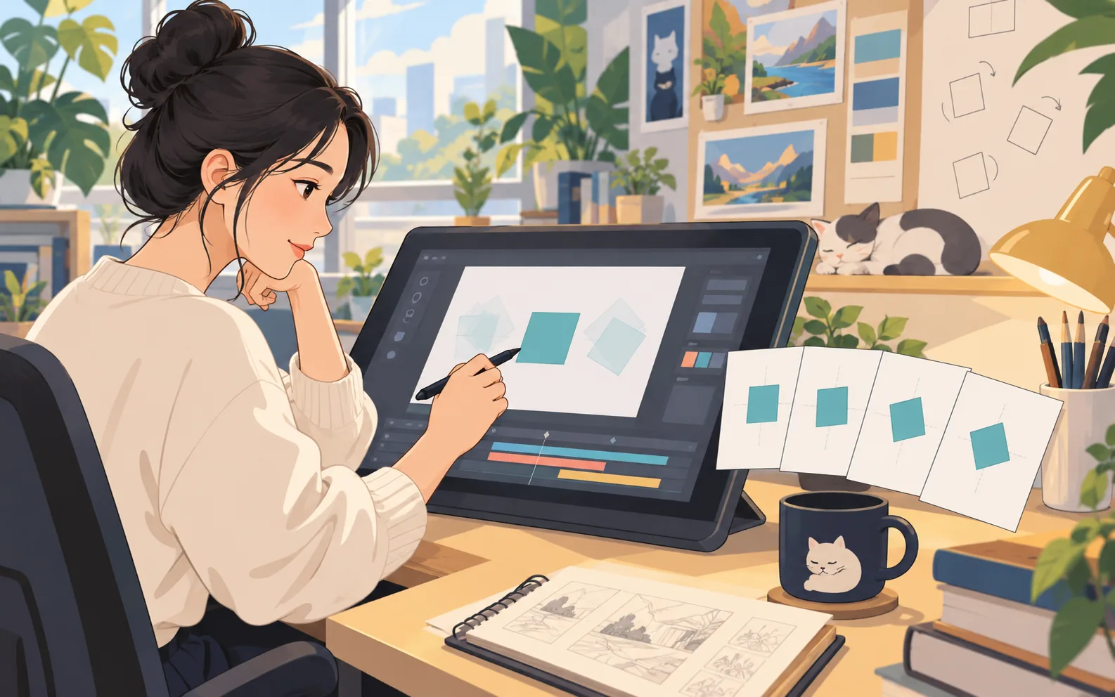 Scena illustrativa di una giovane adulta che lavora su una tavoletta grafica, con forme in posizioni diverse e fogli di uno storyboard.