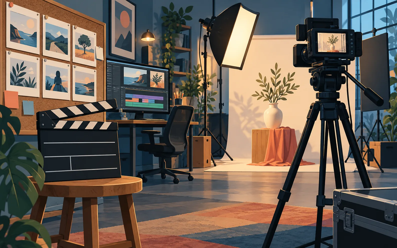 Illustration of a studio with a camera on a tripod, a clapperboard, a storyboard, a filming light and an editing workstation.