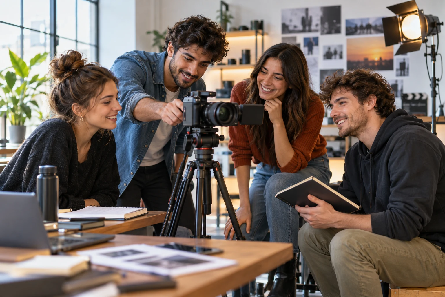 Scena illustrativa con studenti adulti che esplorano una videocamera in aula.