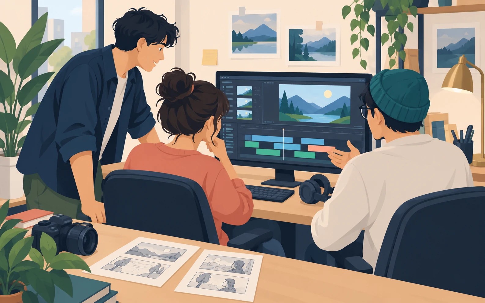 Scena illustrativa: tre giovani adulti lavorano insieme al montaggio di un video al computer.