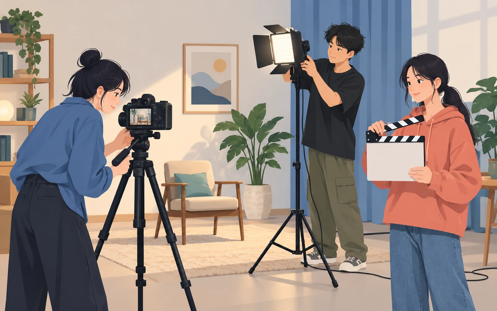 Scena illustrativa: tre giovani adulti preparano una ripresa con videocamera, treppiede e luce.