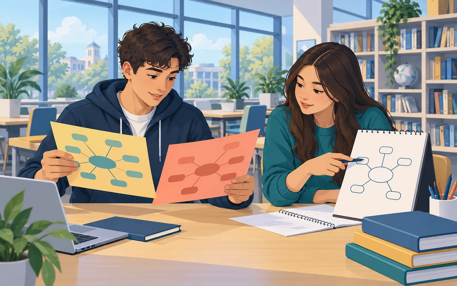 Scena illustrativa di due studenti che confrontano fogli con mappe concettuali in un ambiente scolastico.
