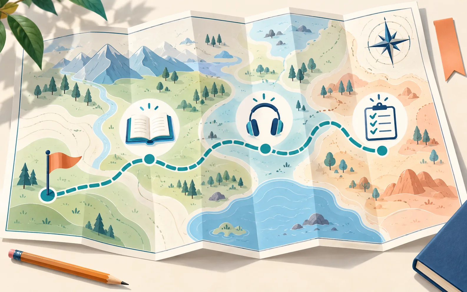 Mappa con un percorso che collega simboli di lettura, ascolto e organizzazione.