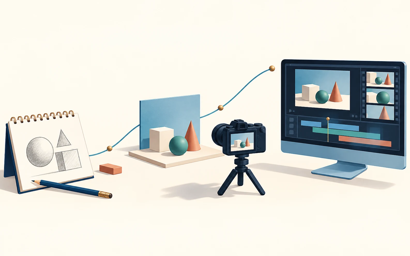 Illustrazione di un percorso che collega un quaderno con disegni geometrici, un modello ripreso da una fotocamera e un monitor di montaggio video.