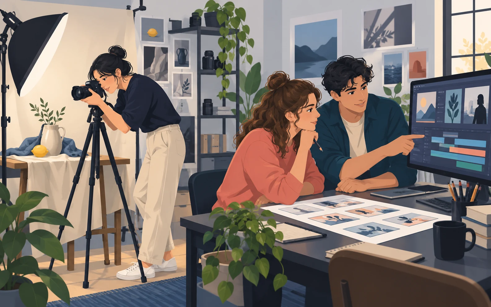 Scena illustrativa con tre studenti adulti: una studentessa fotografa una composizione still life, mentre due compagni osservano il montaggio su un monitor e uno storyboard.
