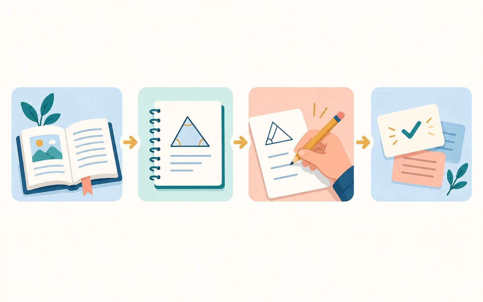 Illustrazione di un percorso di studio: leggere, osservare un esempio, esercitarsi e ripassare.