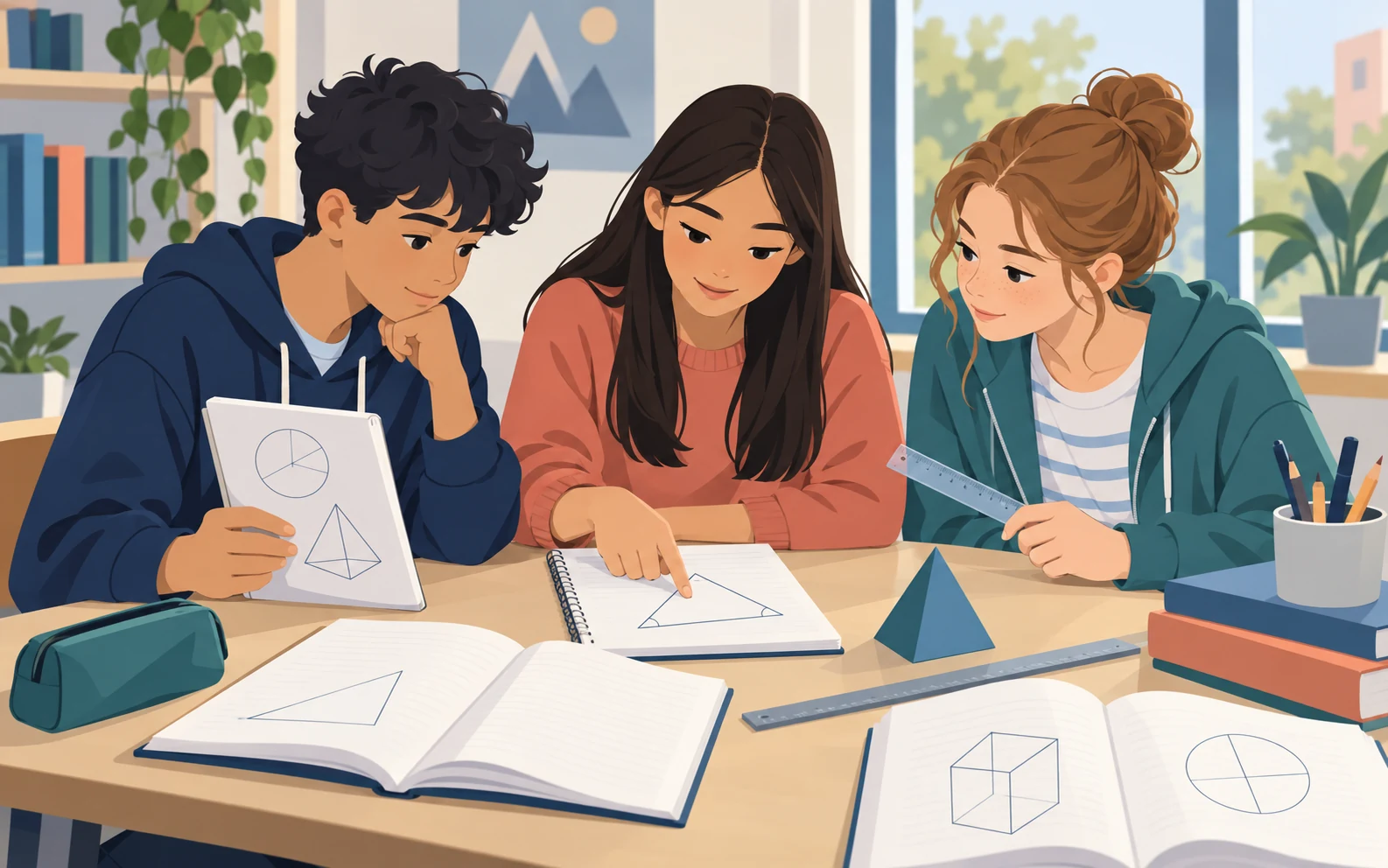 Studenti illustrati ragionano insieme su formule e costruzioni geometriche.