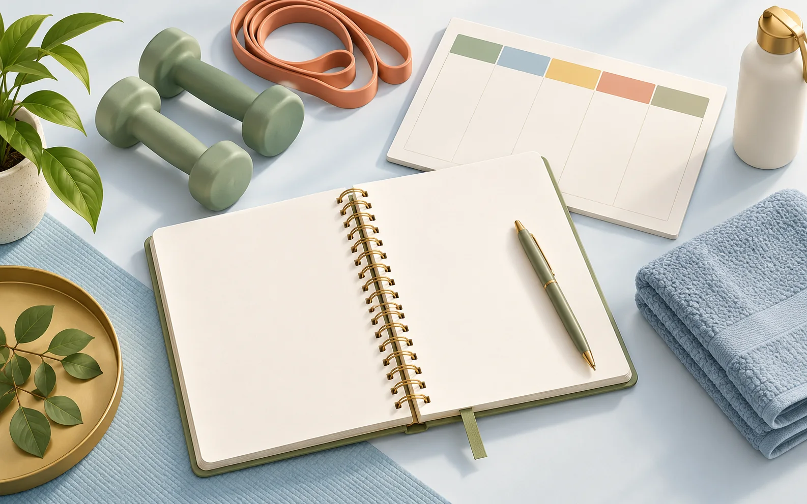 Un quaderno per organizzare gli obiettivi, un calendario e piccoli attrezzi da fitness.