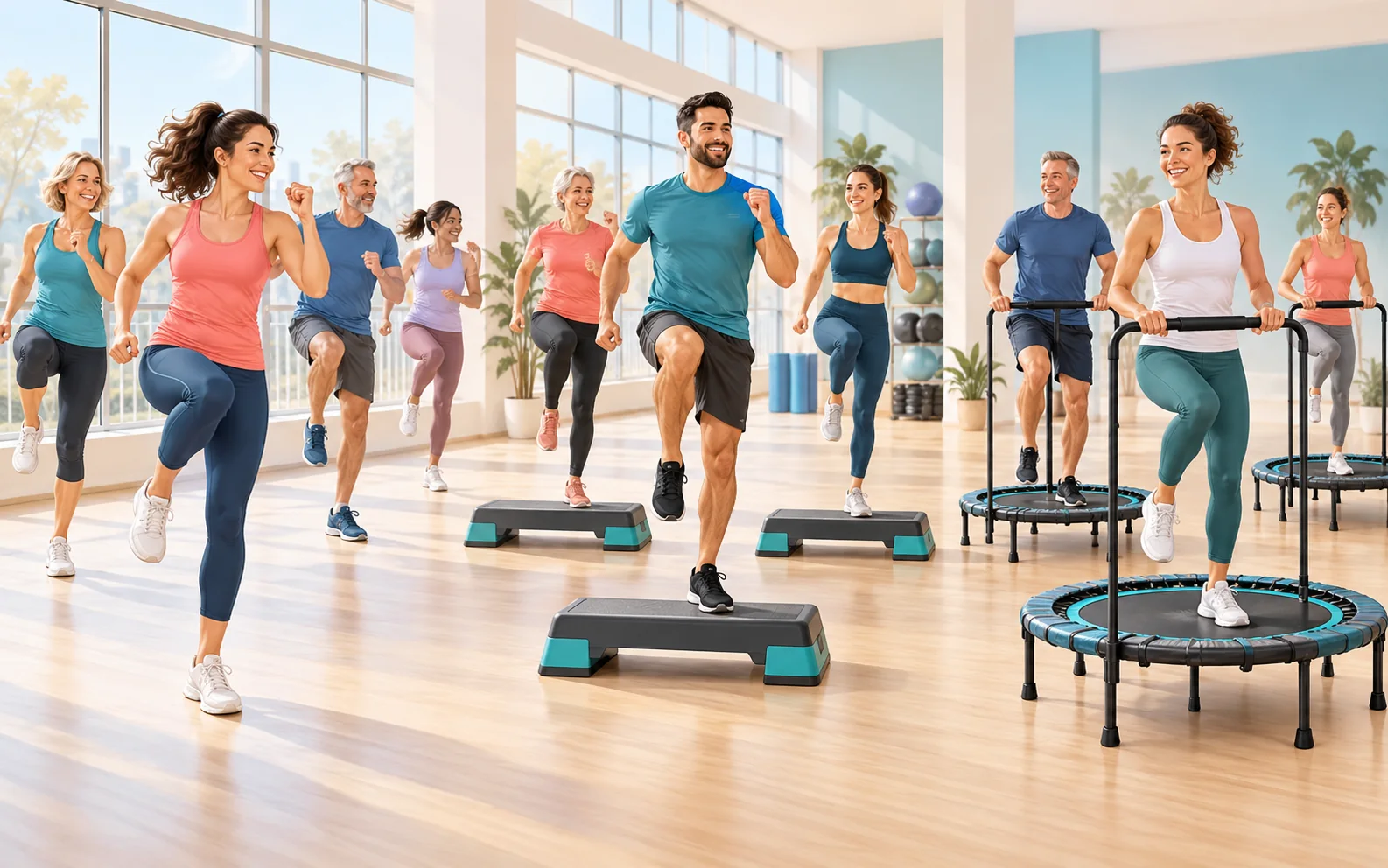 Tre attività di gruppo: aerobica, step e movimento su piccoli trampolini.