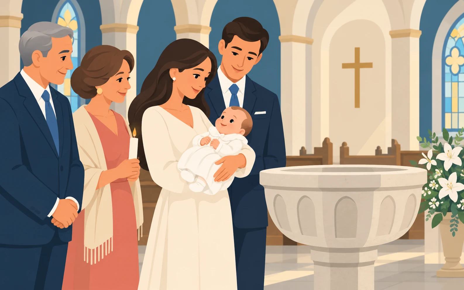 Scena illustrativa di una famiglia con un neonato in abito bianco accanto a un fonte battesimale.