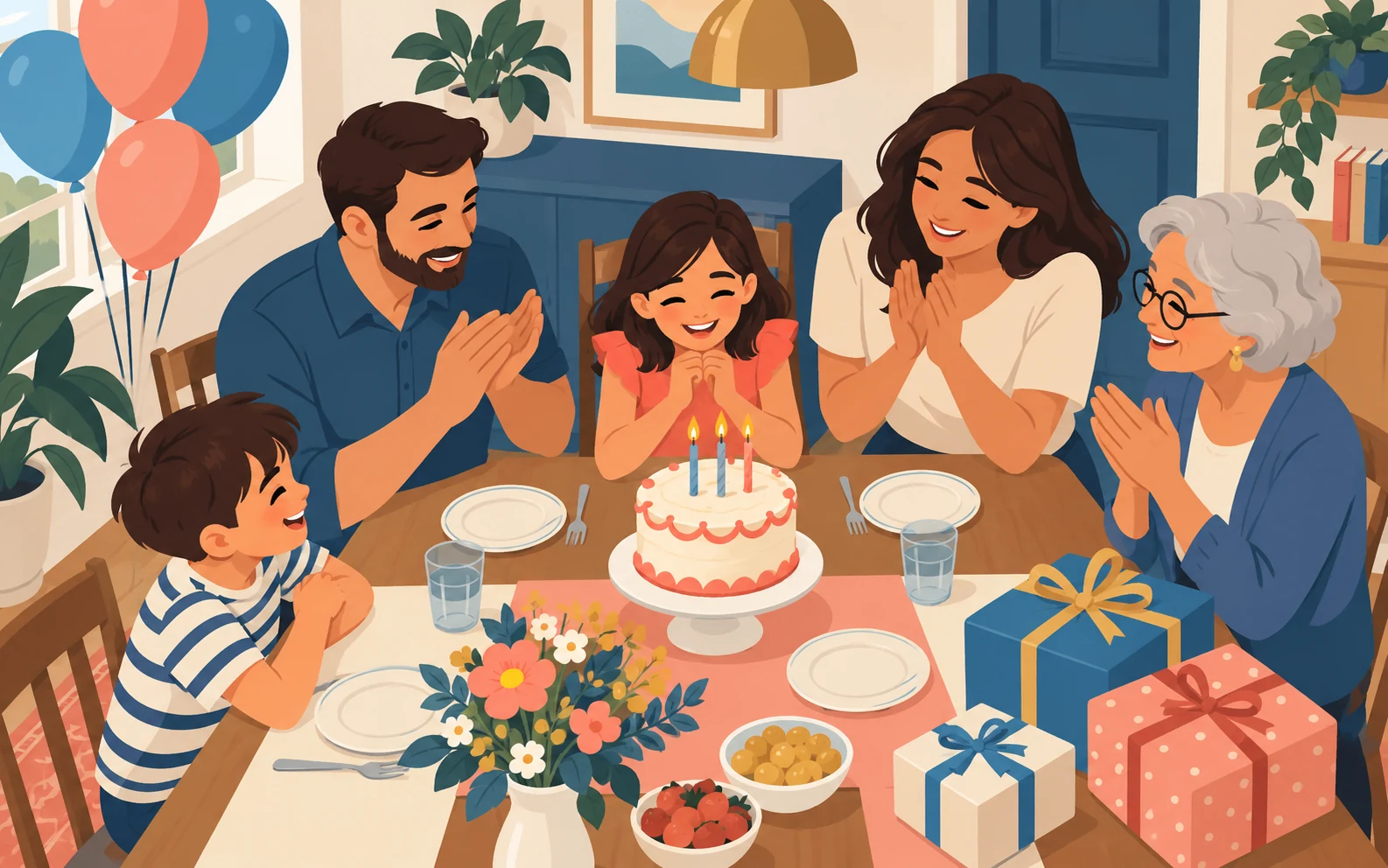 Scena illustrativa di una bambina con la famiglia attorno a una torta di compleanno, con palloncini e regali.