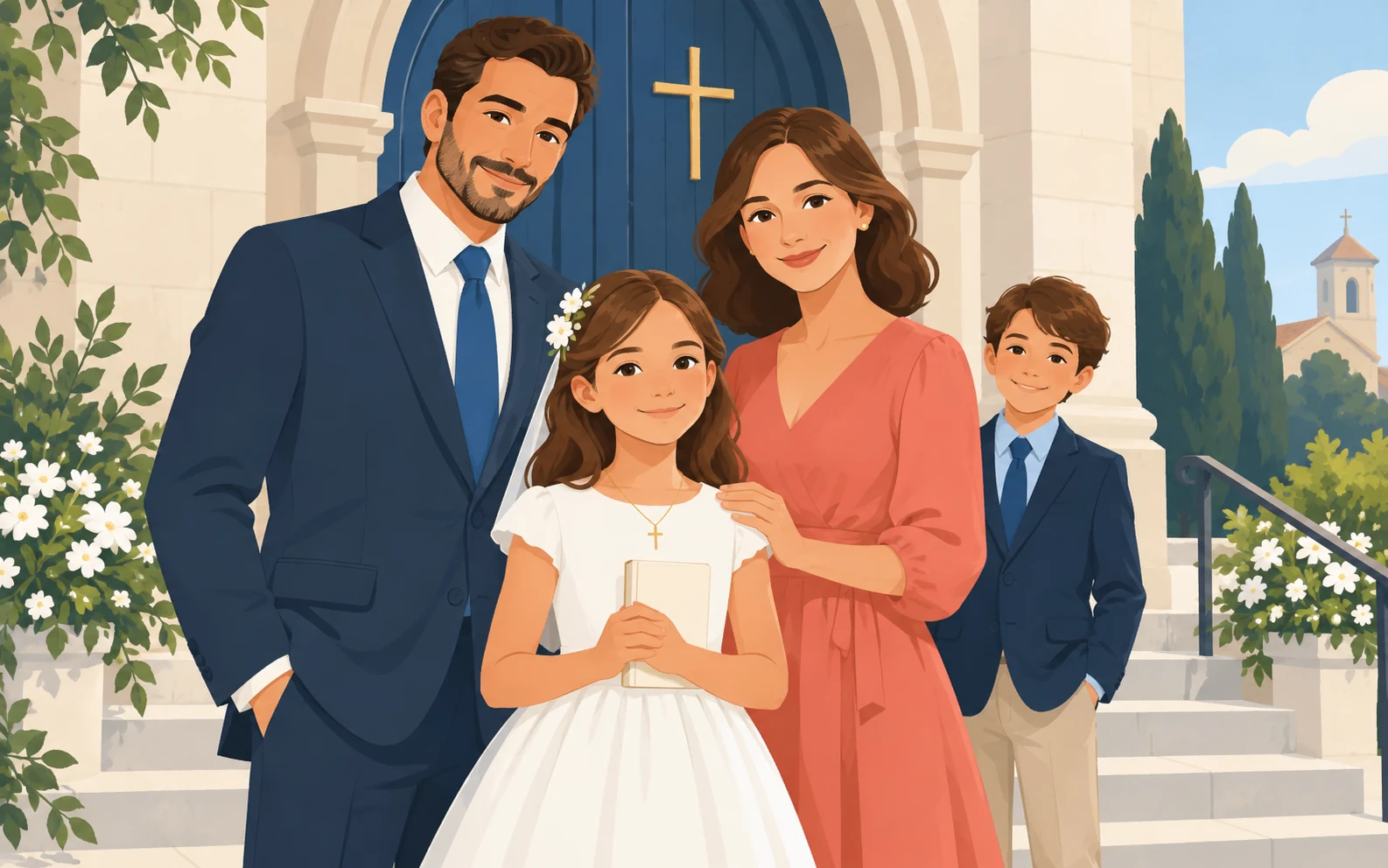 Scena illustrativa di una bambina in abito da prima comunione, con un libretto chiuso e la famiglia davanti a una chiesa.