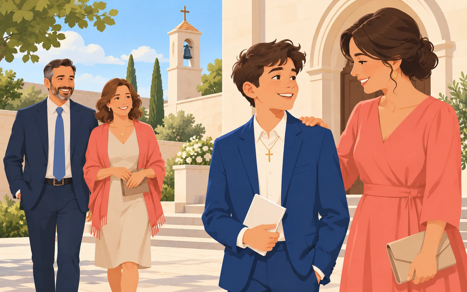Scena illustrativa di un ragazzo con una madrina e due familiari nel cortile di una chiesa, per rappresentare una cresima.