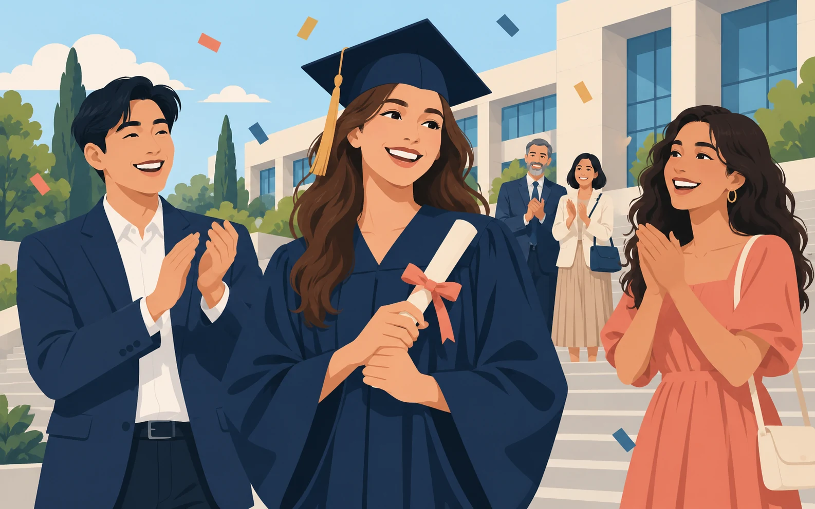 Scena illustrativa di una giovane adulta con tocco e diploma arrotolato, festeggiata da amici e familiari davanti a un edificio universitario.