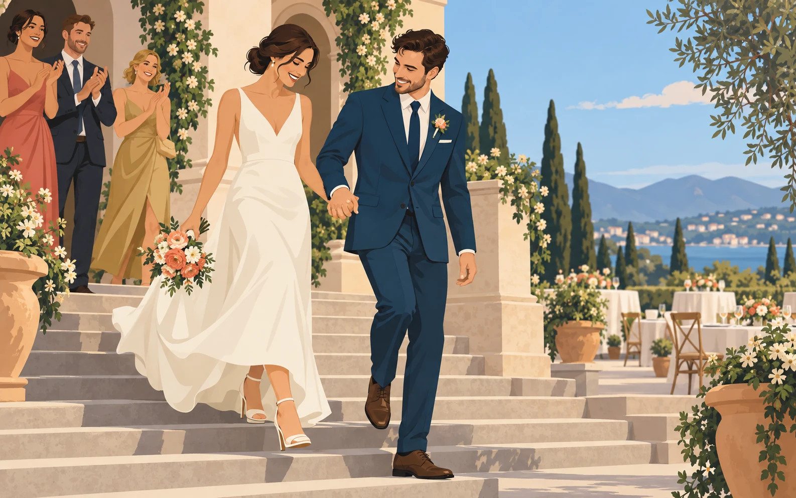 Scena illustrativa di due sposi adulti che scendono insieme una scalinata, con tre invitati alle loro spalle.