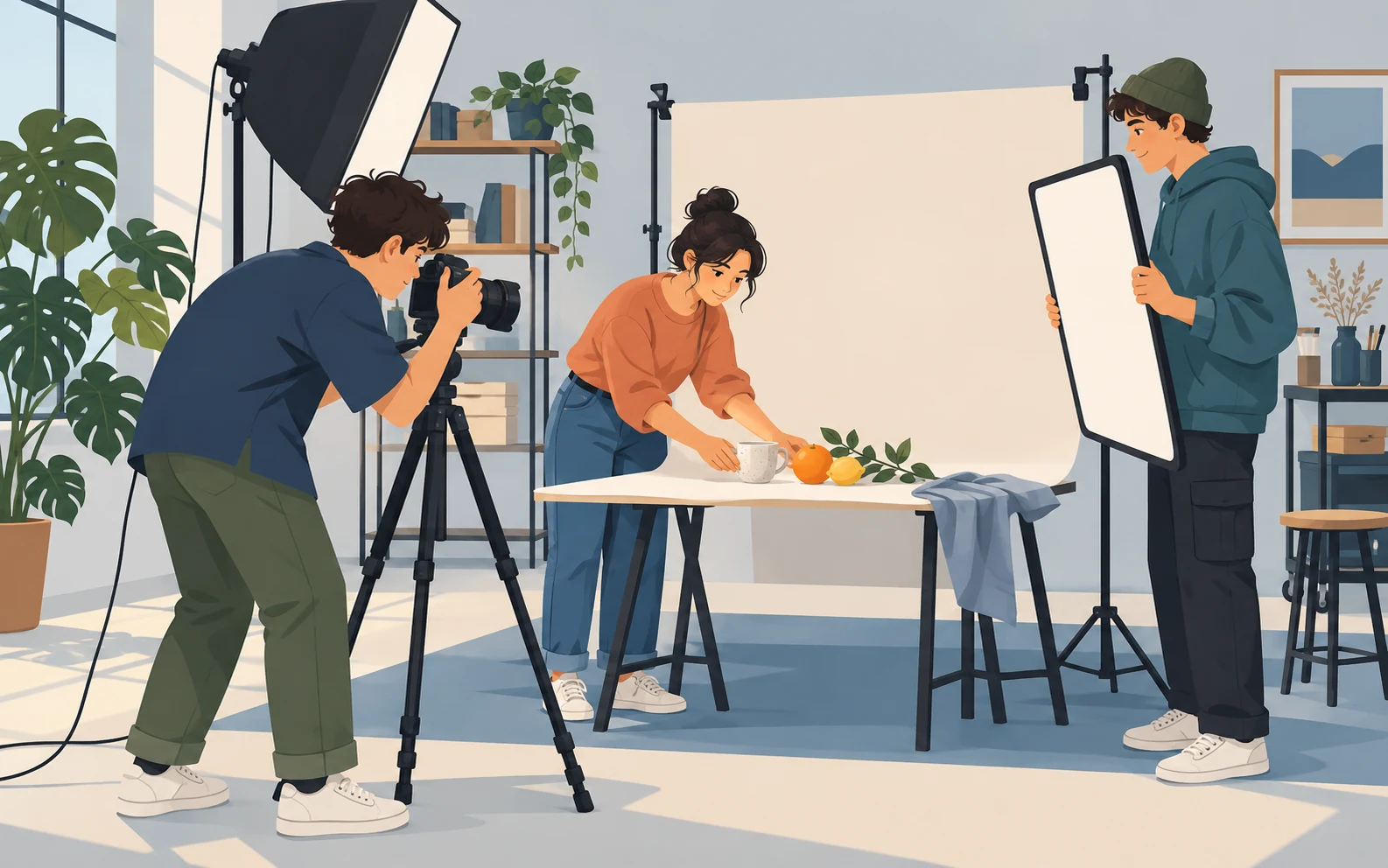 Illustrative scene: three young adults prepare a still-life photograph with a cup and citrus fruit.