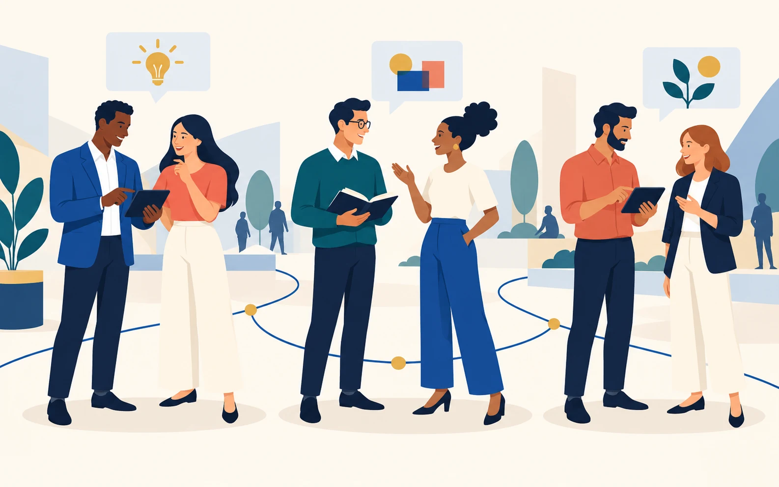 Illustrazione di persone che si incontrano e condividono idee.