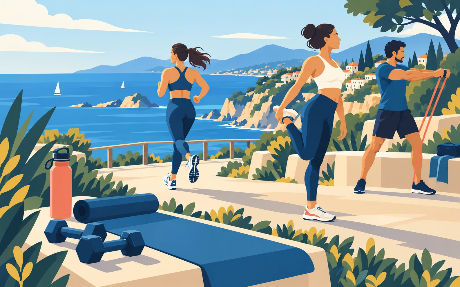 Illustrazione di attività fisica sulla costa: corsa, stretching e allenamento con elastico, con tappetino e manubri.