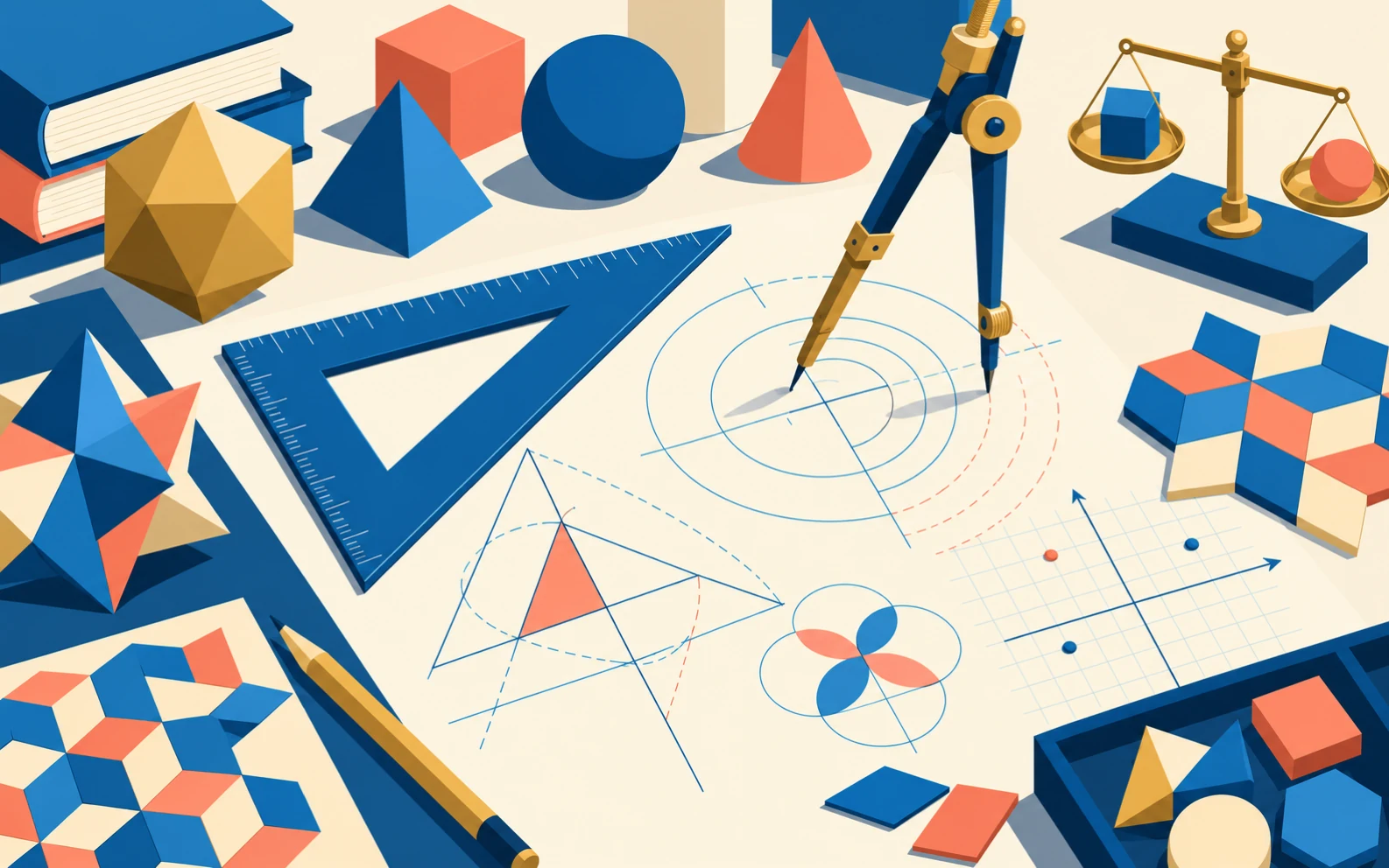 Illustrazione di un compasso, una squadra, solidi geometrici e costruzioni su carta, per rappresentare lo studio della geometria.