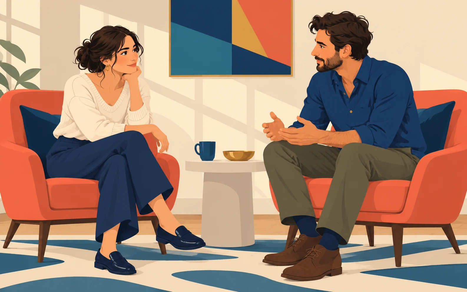 Due adulti illustrati conversano seduti di fronte, con gesti e sguardi che esprimono ascolto e attenzione.