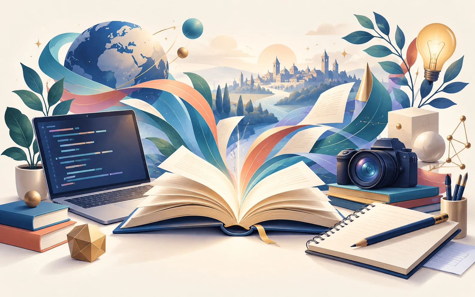Un libro aperto collega informatica, fotografia, scrittura e scoperta in un paesaggio illustrato.