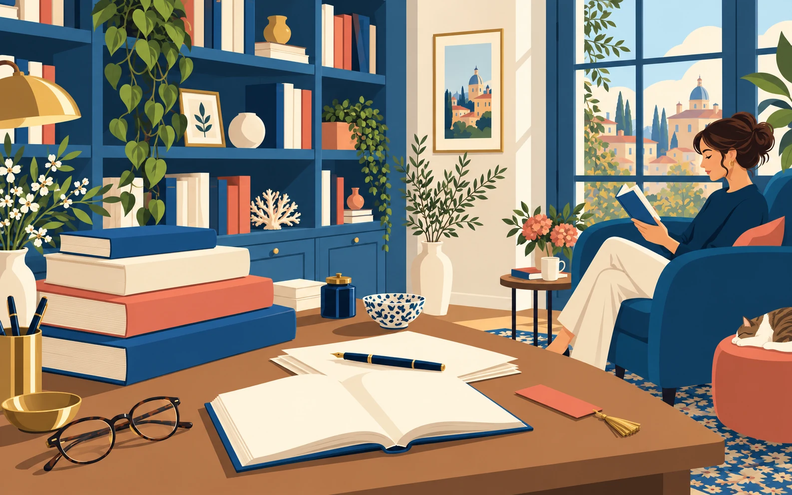 Illustrazione di uno spazio dedicato ai libri e alla scrittura, con scrivania editoriale, scaffali e una lettrice in poltrona.