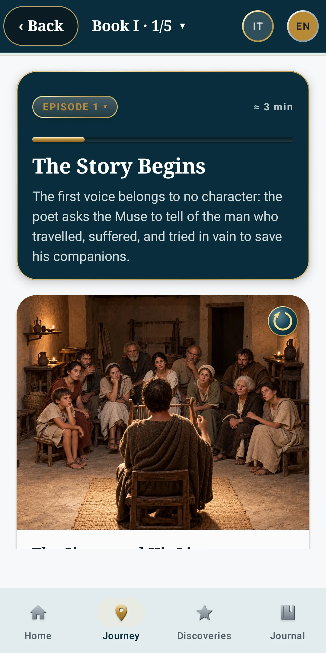 Odissea screenshot showing the first episode in English.