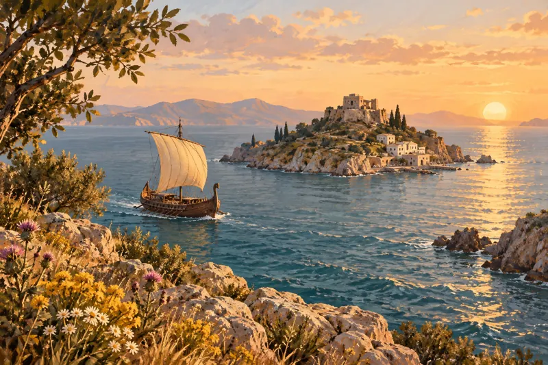 Una nave a vela si avvicina a un’isola nel mare dell’Odissea.