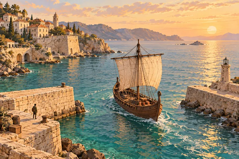 An ancient ship entering a Mediterranean harbour at sunset.