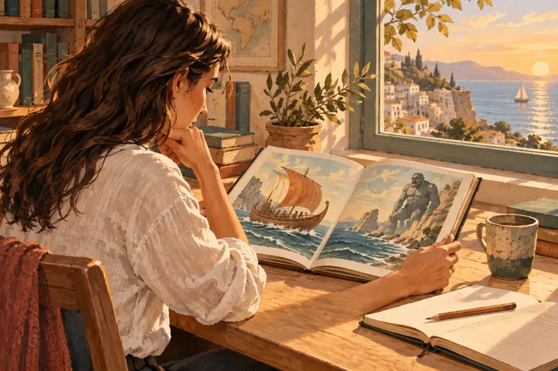 Illustration of a reader exploring an illustrated epic at a library desk.