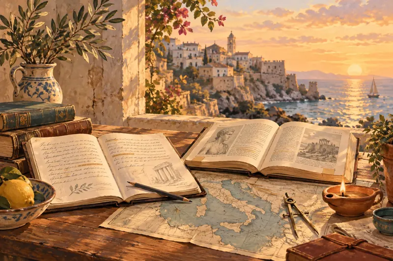 Due libri aperti, appunti e una mappa: il lavoro sulle fonti letterarie.