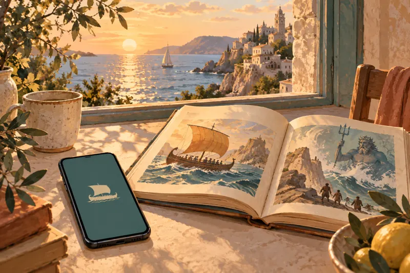 Illustrazione di un telefono e di un libro aperto sul viaggio di Ulisse.
