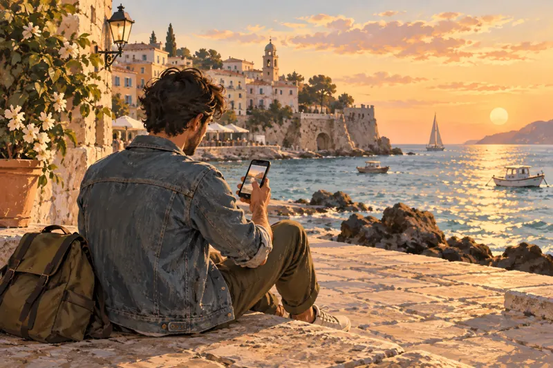Illustration of a reader using a phone beside a Mediterranean bay.