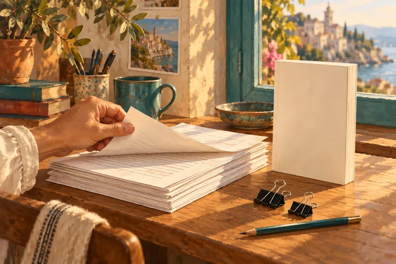 Manuscript pages and a blank-cover book on a publishing desk.