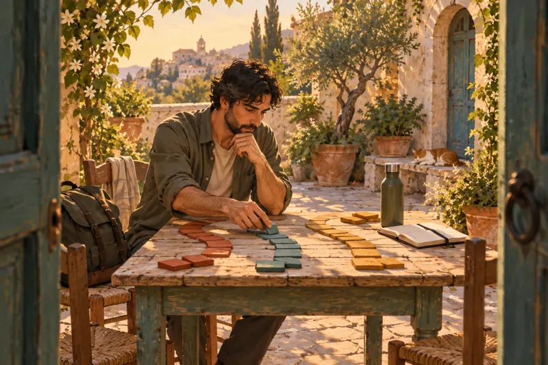 A person reflecting on different routes using coloured wooden tiles.