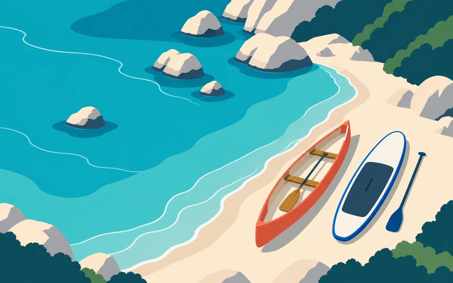 Illustrazione di una canoa e una tavola SUP sulla spiaggia, accanto al mare.
