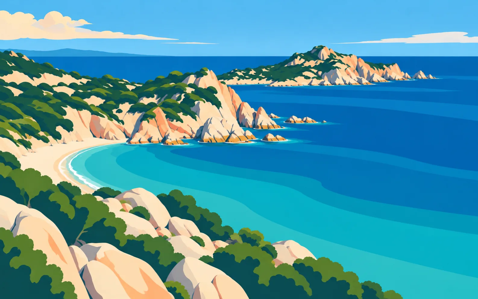 Illustrazione di una costa mediterranea con mare, rocce e vegetazione.