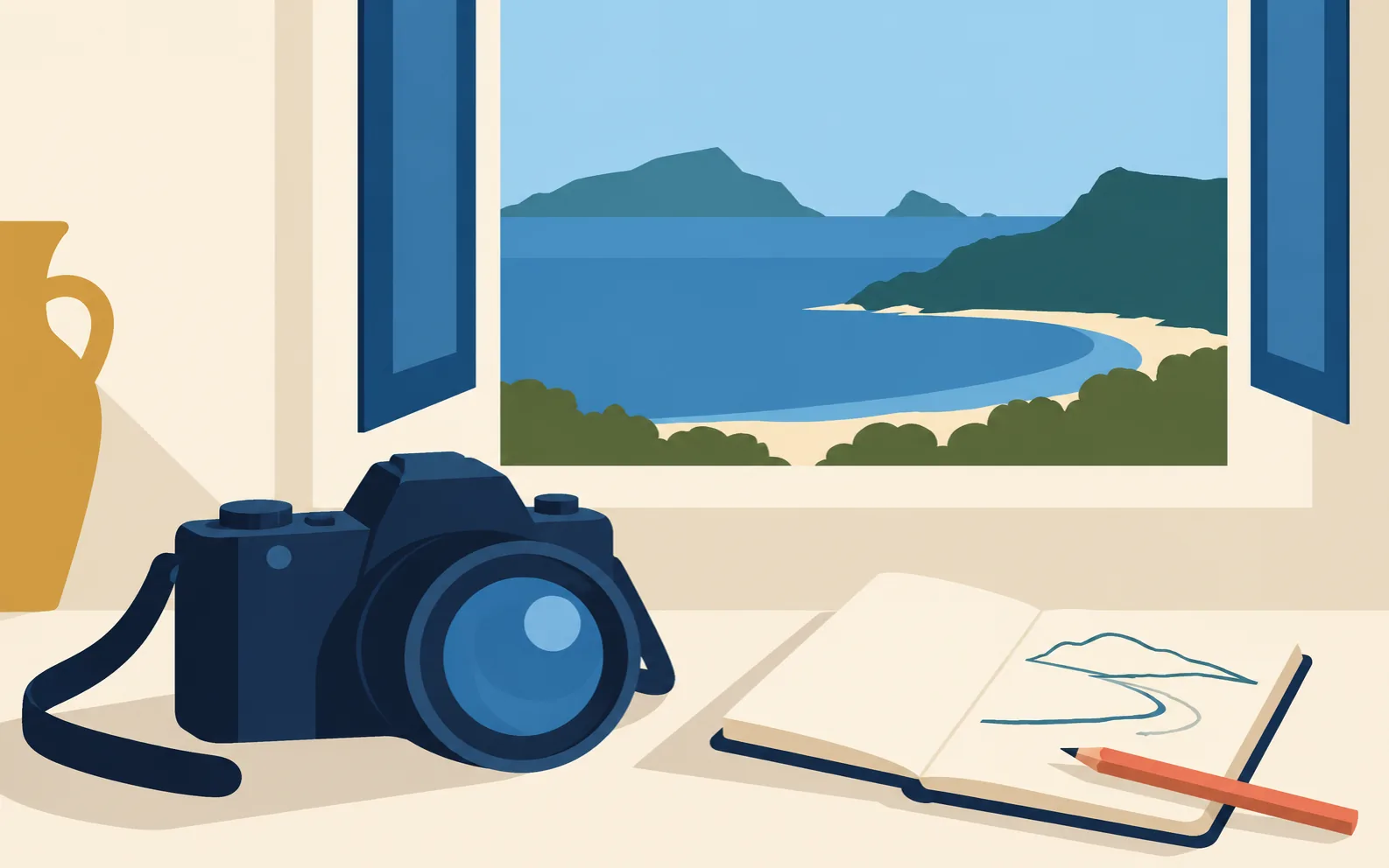 Illustrazione di una fotocamera e un taccuino aperto davanti a una finestra affacciata su un paesaggio costiero mediterraneo.